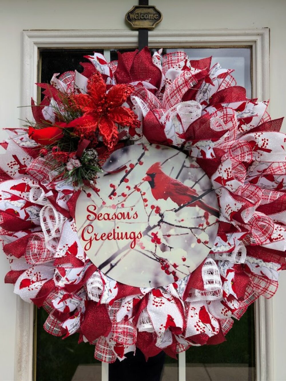 Christmas Cardinal Wreath "Season's Greetings" Red White Ribbon